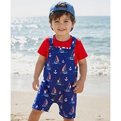 Babyhug Single Jersey Knit Half Sleeves T-Shirt & Dungaree with Nautical Theme &  Ahoy Days Text Print - Red & Navy Blue