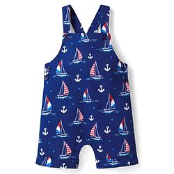 Babyhug Single Jersey Knit Half Sleeves T-Shirt & Dungaree with Nautical Theme &  Ahoy Days Text Print - Red & Navy Blue