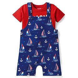 Babyhug Single Jersey Knit Half Sleeves T-Shirt & Dungaree with Nautical Theme &  Ahoy Days Text Print - Red & Navy Blue
