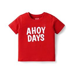 Babyhug Single Jersey Knit Half Sleeves T-Shirt & Dungaree with Nautical Theme &  Ahoy Days Text Print - Red & Navy Blue