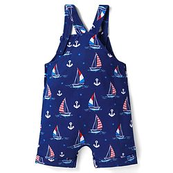Babyhug Single Jersey Knit Half Sleeves T-Shirt & Dungaree with Nautical Theme &  Ahoy Days Text Print - Red & Navy Blue