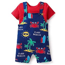 Babyhug Single Jersey Knit Beach Theme Printed Dungaree & Half Sleeves T-Shirt - Red & Navy Blue