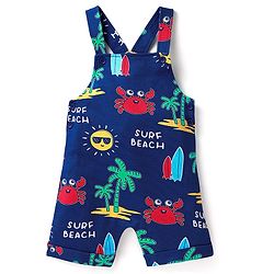 Babyhug Single Jersey Knit Beach Theme Printed Dungaree & Half Sleeves T-Shirt - Red & Navy Blue
