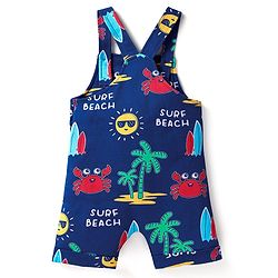 Babyhug Single Jersey Knit Beach Theme Printed Dungaree & Half Sleeves T-Shirt - Red & Navy Blue