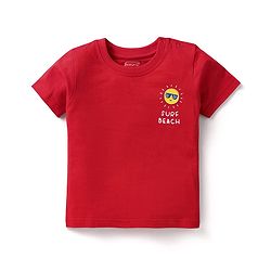Babyhug Single Jersey Knit Beach Theme Printed Dungaree & Half Sleeves T-Shirt - Red & Navy Blue