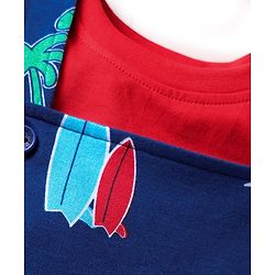 Babyhug Single Jersey Knit Beach Theme Printed Dungaree & Half Sleeves T-Shirt - Red & Navy Blue