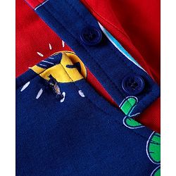 Babyhug Single Jersey Knit Beach Theme Printed Dungaree & Half Sleeves T-Shirt - Red & Navy Blue