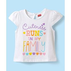 Babyhug Cotton Knit Frill Sleeves T-Shirt With Runs In the Family Text Print - White