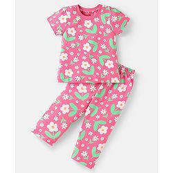 Babyhug Cotton Knit Half Sleeves Co-ord Nightsuit with Floral Print - Pink