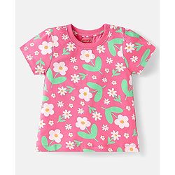 Babyhug Cotton Knit Half Sleeves Co-ord Nightsuit with Floral Print - Pink