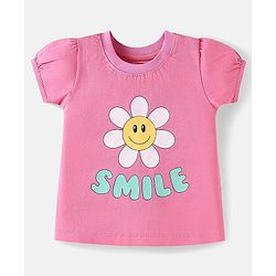 Babyhug Cotton Knit Half Sleeves Shorts Nightsuit with Smile & Floral Print - Pink