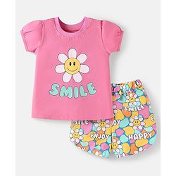 Babyhug Cotton Knit Half Sleeves Shorts Nightsuit with Smile & Floral Print - Pink