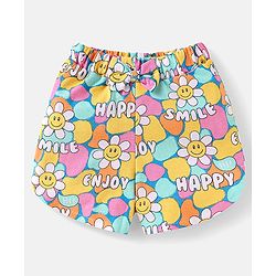 Babyhug Cotton Knit Half Sleeves Shorts Nightsuit with Smile & Floral Print - Pink