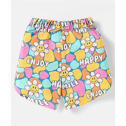 Babyhug Cotton Knit Half Sleeves Shorts Nightsuit with Smile & Floral Print - Pink