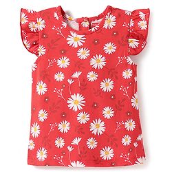 Babyhug Cotton Knit Half Sleeves Co-ord Night Suit with Floral Print - Red