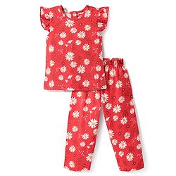 Babyhug Cotton Knit Half Sleeves Co-ord Night Suit with Floral Print - Red