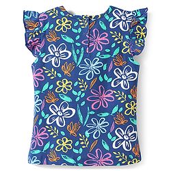 Babyhug Cotton Knit Frill Sleeves Night Suit with Floral Print - Navy Blue