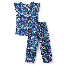Babyhug Cotton Knit Frill Sleeves Night Suit with Floral Print - Navy Blue