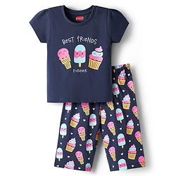 Babyhug Cotton Knit Half Sleeves Capri Night Suit With Ice Cream Print - Navy Blue
