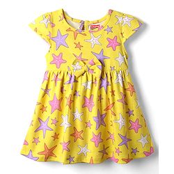 Babyhug Single Jersey Knit Cap Sleeves Printed Frock With Bloomers - Yellow
