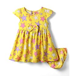 Babyhug Single Jersey Knit Cap Sleeves Printed Frock With Bloomers - Yellow
