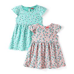 Babyhug Single Jersey Knit Cap Sleeves Floral Printed Dresses Pack of 2 - Aqua Blue & Peach
