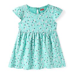 Babyhug Single Jersey Knit Cap Sleeves Floral Printed Dresses Pack of 2 - Aqua Blue & Peach