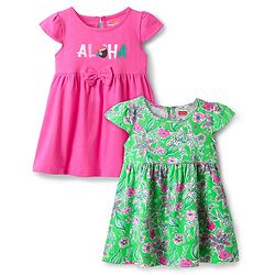 Babyhug Single Jersey Knit Half Cap Sleeves Anti Bacterial Floral Printed Frock with Bow Applique Pack of 2 - Dark Pink & Green