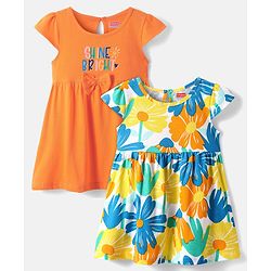 Babyhug Single Jersey Knit Cap Sleeves Text & Floral Printed Frocks with Bow Applique Pack of 2 - White & Orange