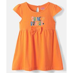 Babyhug Single Jersey Knit Cap Sleeves Text & Floral Printed Frocks with Bow Applique Pack of 2 - White & Orange