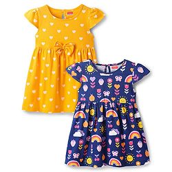 Babyhug Single Jersey Knit Half Sleeves Frocks with Floral & Heart Print & Bow Applique Pack Of 2 - Navy Blue & Yellow