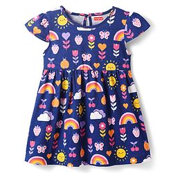 Babyhug Single Jersey Knit Half Sleeves Frocks with Floral & Heart Print & Bow Applique Pack Of 2 - Navy Blue & Yellow