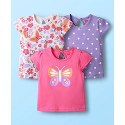 Babyhug Cotton Knit Half Sleeves T-Shirts with Butterfly & Polka Dots Print Pack of 3 - Pink Lavender & White