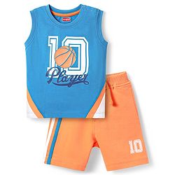 Babyhug Single Jersey Knit Sleeveless Cut & Sew T-Shirt & Shorts Set with Text Print & Tape Detailing - Blue & Orange