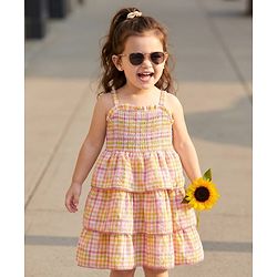 Babyhug Rayon Woven Sleeveless Layered Frock with Smocking Detailing & Stripes - Multicolour