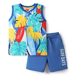 Babyhug Single Jersey Knit Sleeveless T-Shirt & Shorts with Leaf Print - Blue