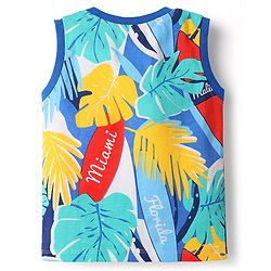 Babyhug Single Jersey Knit Sleeveless T-Shirt & Shorts with Leaf Print - Blue