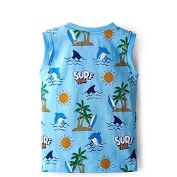 Babyhug Single Jersey Knit Sleeveless Tank T-Shirt & Shorts Set with Beach Theme Print - Light & Navy Blue