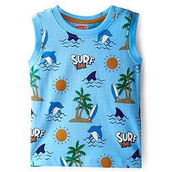 Babyhug Single Jersey Knit Sleeveless Tank T-Shirt & Shorts Set with Beach Theme Print - Light & Navy Blue