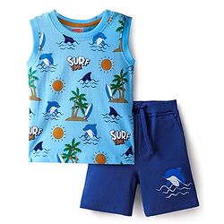 Babyhug Single Jersey Knit Sleeveless Tank T-Shirt & Shorts Set with Beach Theme Print - Light & Navy Blue