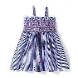 Babyhug Rayon Woven Sleeveless Striped Dress With Smocked Yoke - Blue