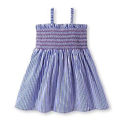 Babyhug Rayon Woven Sleeveless Striped Dress With Smocked Yoke - Blue