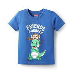 Babyhug Single Jersey Knit Half Sleeves T-Shirt & Shorts Set with Animal & Friends Forever Text Print - Orange & Blue