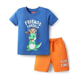 Babyhug Single Jersey Knit Half Sleeves T-Shirt & Shorts Set with Animal & Friends Forever Text Print - Orange & Blue