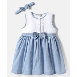 Babyhug Rayon Woven Sleeveless Striped Frock with Headband & Bow Applique - Light Blue