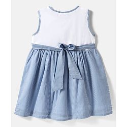 Babyhug Rayon Woven Sleeveless Striped Frock with Headband & Bow Applique - Light Blue