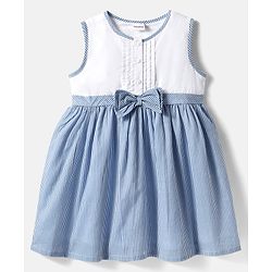 Babyhug Rayon Woven Sleeveless Striped Frock with Headband & Bow Applique - Light Blue