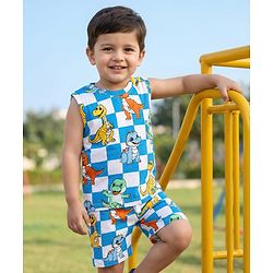 Babyhug Single Jersey Knit Sleeveless Tank T-Shirt & Shorts Co-Ord Set With Dino Print - Blue & White