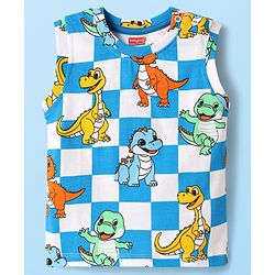 Babyhug Single Jersey Knit Sleeveless Tank T-Shirt & Shorts Co-Ord Set With Dino Print - Blue & White