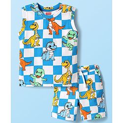 Babyhug Single Jersey Knit Sleeveless Tank T-Shirt & Shorts Co-Ord Set With Dino Print - Blue & White